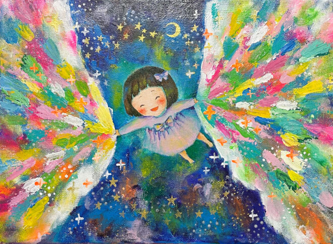 夜空でオーロラのカーテンをまとう少女の画像