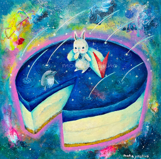 青いケーキとうさぎ、イルカ